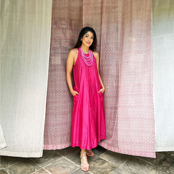 Hot Pink Silk A-Line Dress with Ombre Beads