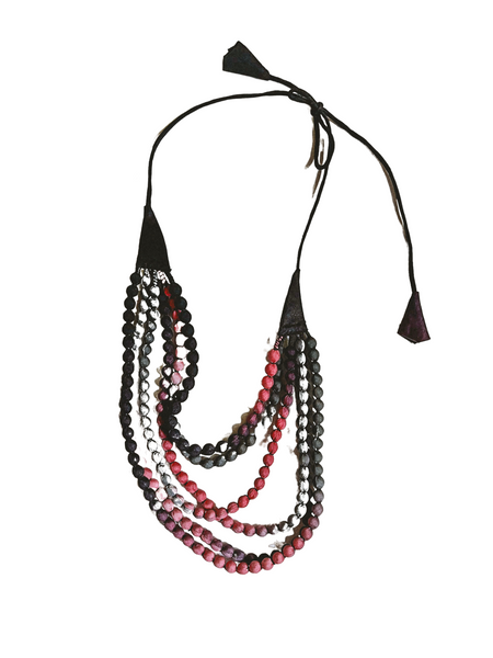 6 string wooden bead necklace wrapped in ombre shades of black, white, grey and pink