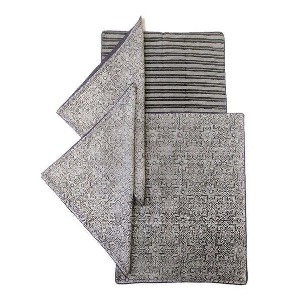 Mix and Match Collection - Black, Grey and White, Rangoli and Stripe Placemats with Napkins (Set of 2)