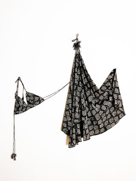 Twyla Backless Strappy Dress with Bralette Top -Black and Beige Ajrakh Leaf Print