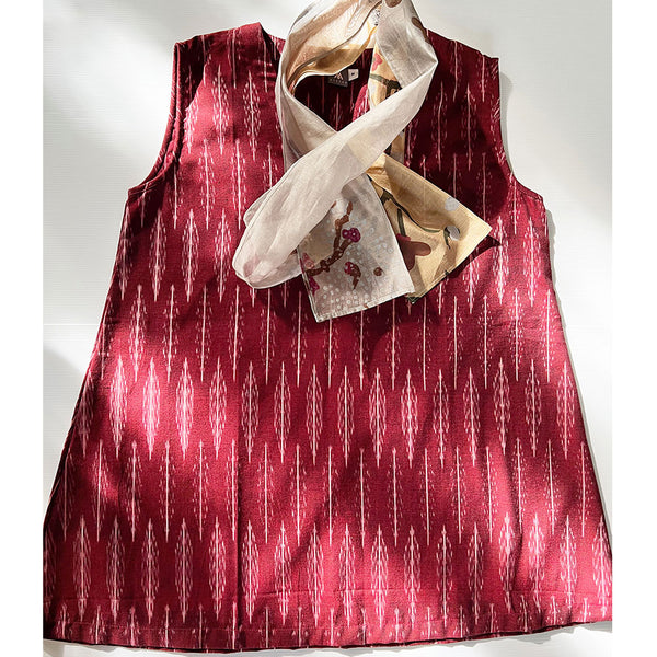 V-Neck Sleeveless Top with Blockprinted Skinny Scarf - Ikat Burgundy