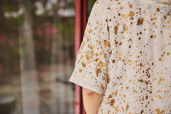 Amrita Freedom Shirt Dress -White Kota Doria With Gold Splatter Print