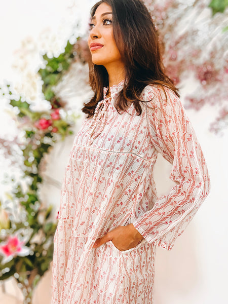 Emily Hope Dress - White and Pink Floral Blockprint