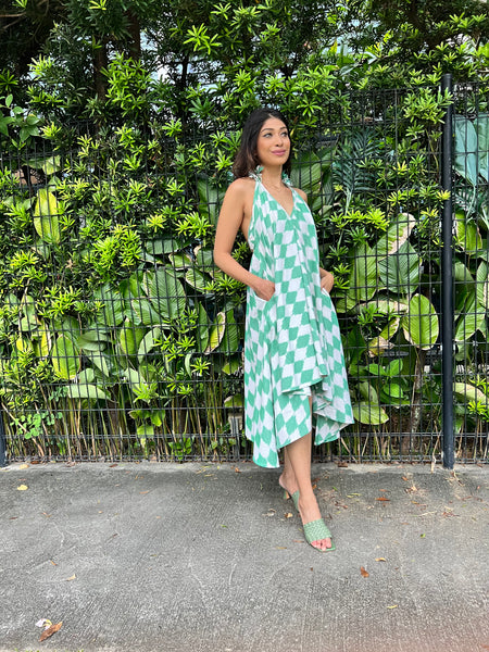 Twyla Backless Strappy Dress with Bralette Top -Green and White Ikat